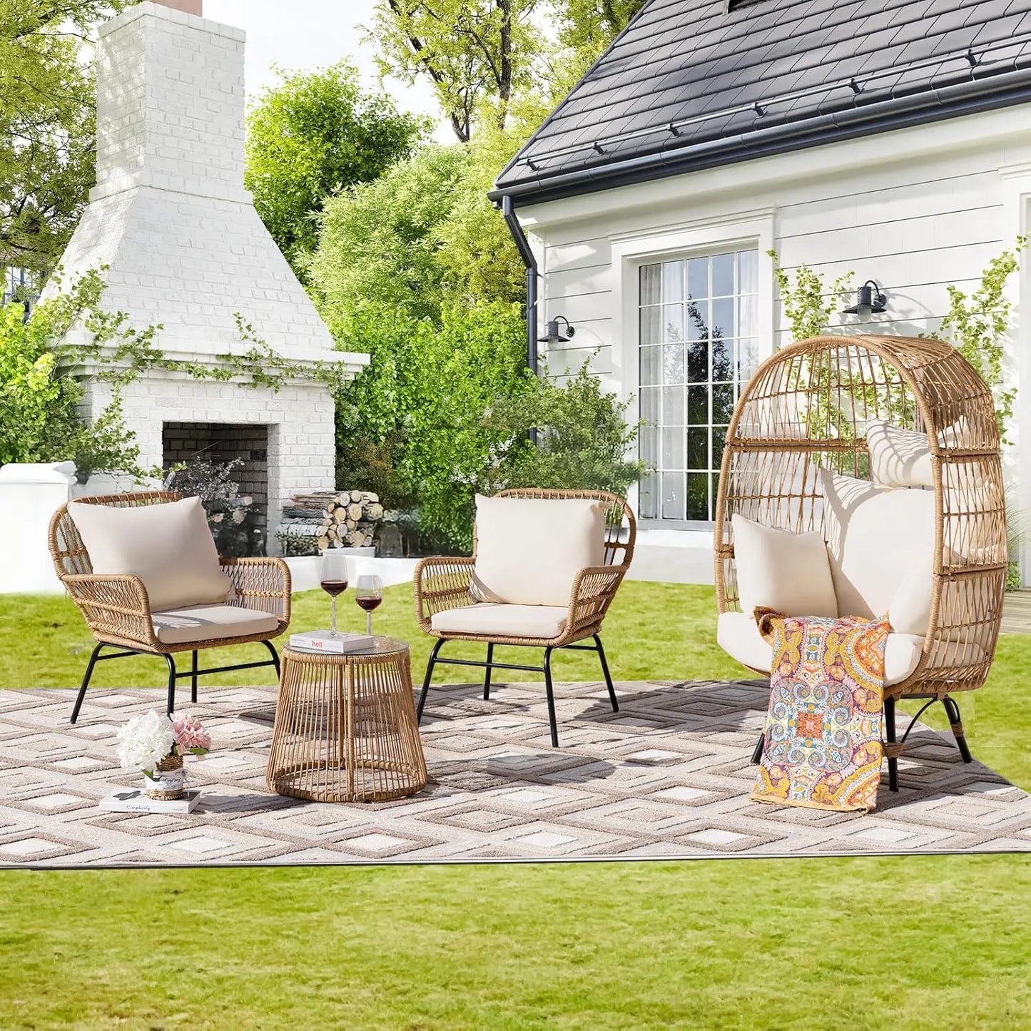 7-piece Bohemian Courtyard Furniture Sofa ,Including Egg Chairs, L-shaped Leisure Chairs, Cushions