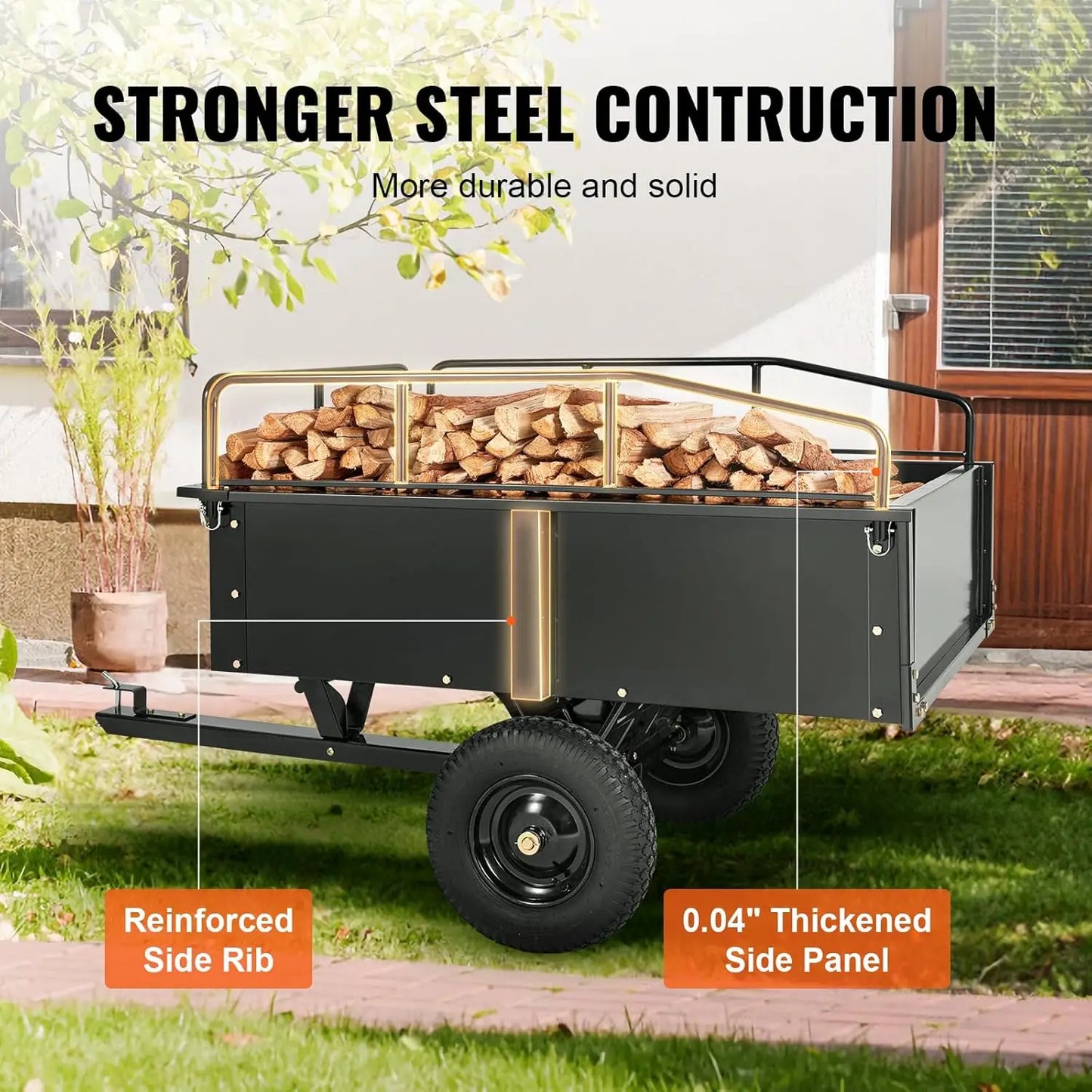 Heavy Duty ATV Dump Cart - Steel Tow Behind trailer, 750 lbs, 15 Cubic Feet garden Remove Sides