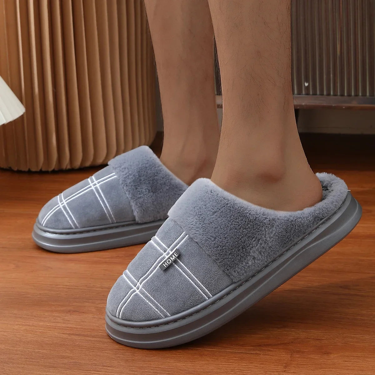 Men Home Slippers Plaid Memory Foam Winter Plush Warm Non-Slip Black Large size 50-51 Fashion