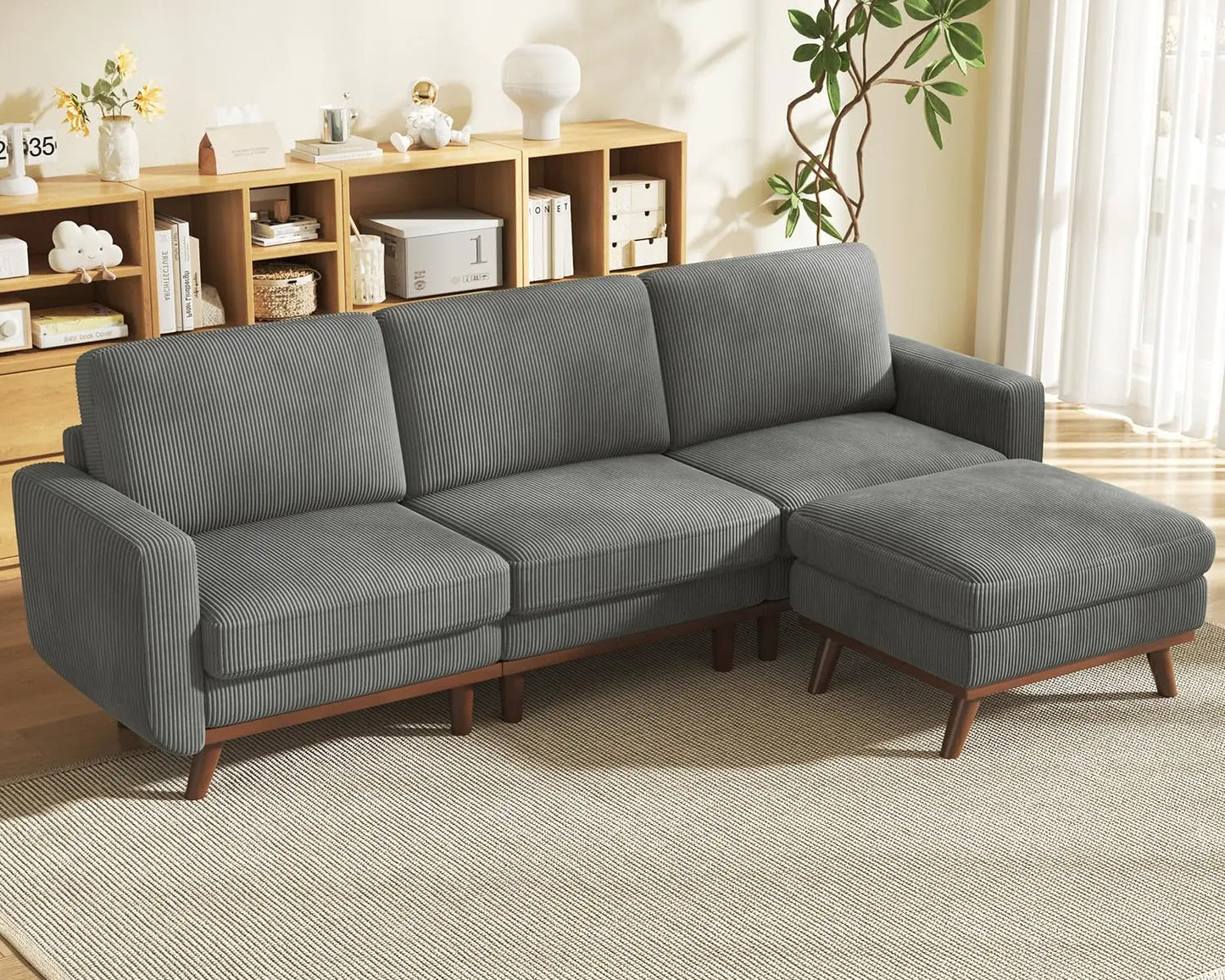 INDOOR 97" L-Shape Modular Sectional Sofa 3-Seat Corduroy Movable Otto green,black, Customized