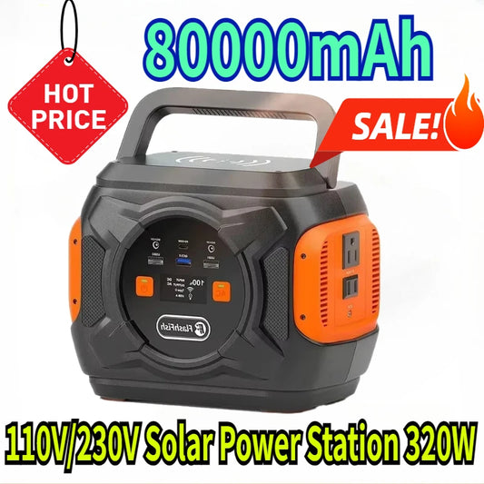 80000mAh AC Battery Pack Charger Power Bank Camping 110V/230V , 320W Emergency Solar Generator
