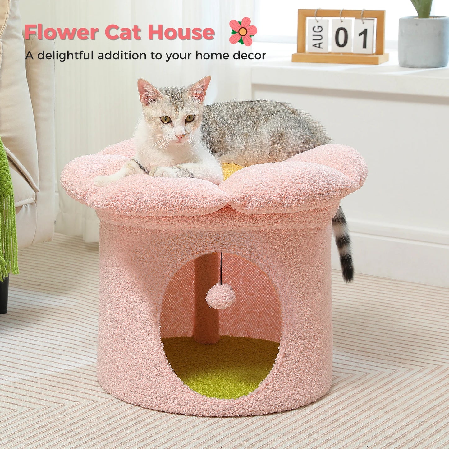 Cat Bed , up to Large Cat ,Removable Flower ,Cave Cat Hideaway, Indoor Cat House Condo