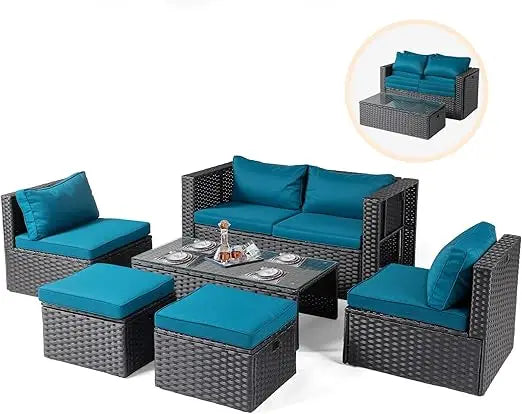 6 Pieces Wicker Patio Set, Outdoor Sectional Conversation Set Space-Saving Design with Ottomans