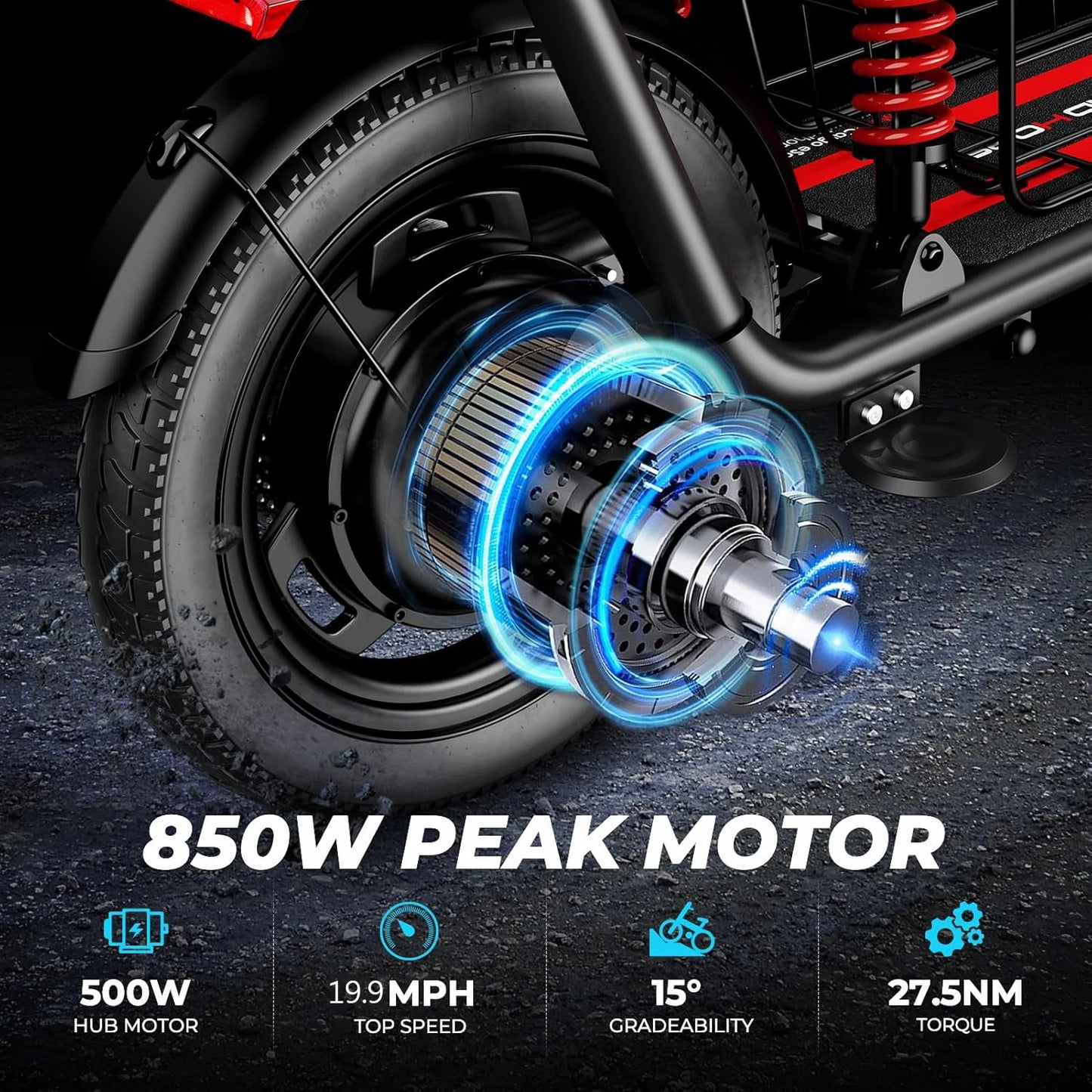 850W Elec. scooter, 14 inch tires, dual brakes dual suspension, baskets