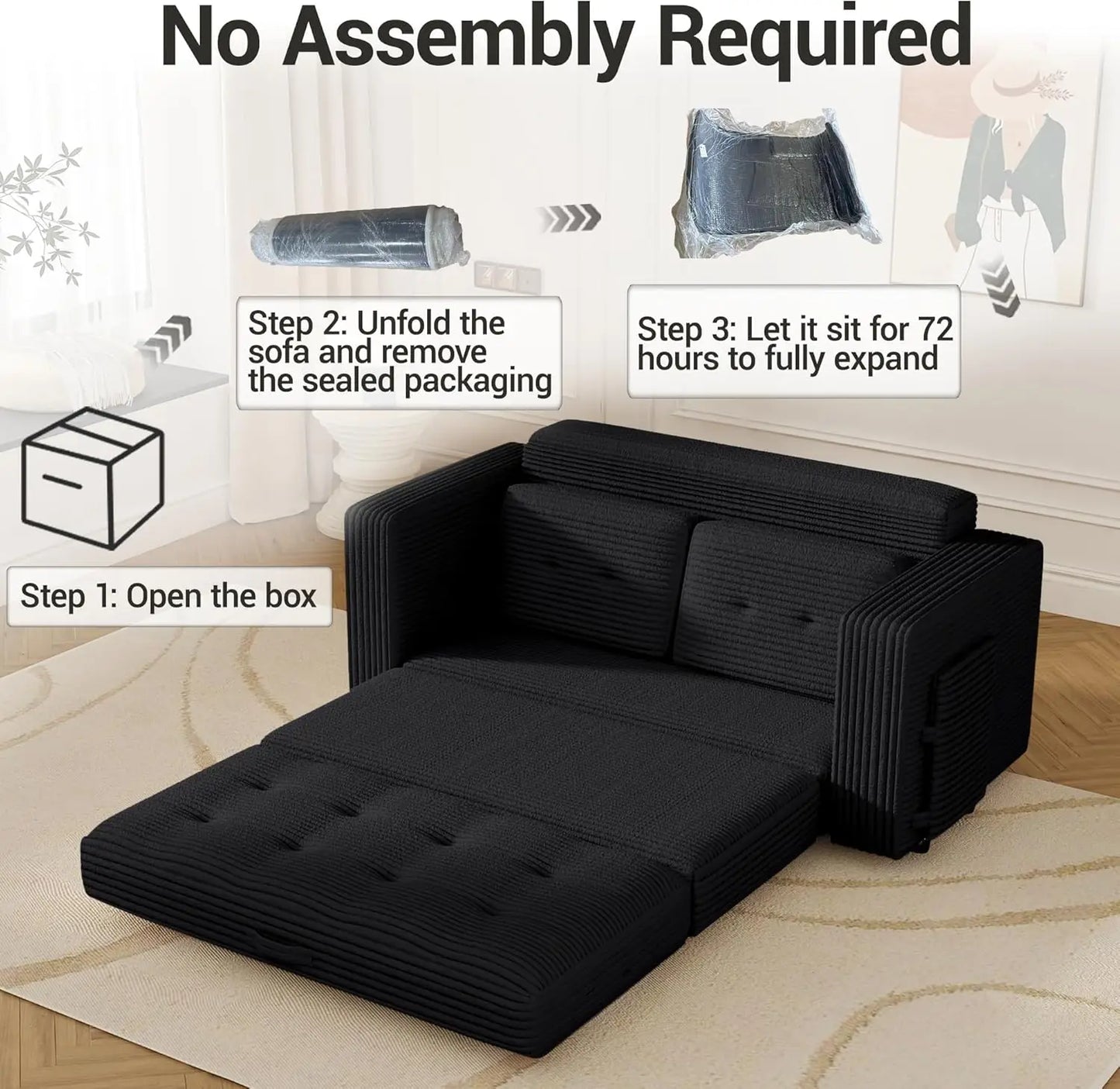 Indoor 3 Fold Convertible Sofa Bed, Black - Pull Out Boneless Couch, Loveseat Sleeper, Pillows