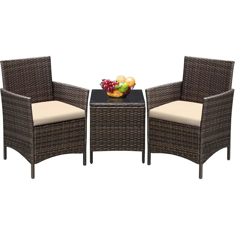 3-Piece Outdoor PE Rattan Patio Furniture Set with Cushions and Glass Coffee Table, Brown & Beige