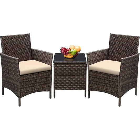3-Piece Outdoor PE Rattan Patio Furniture Set with Cushions and Glass Coffee Table, Brown & Beige