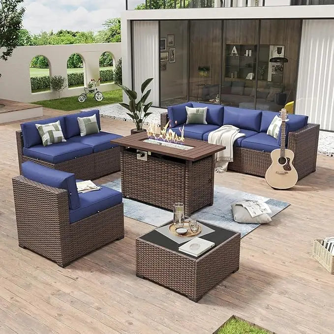 8 Piece Patio Furniture Set 44” Fire Pit Table Wicker Rattan Outdoor Sectional Sofa, Coffee Table