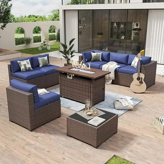 8 Piece Patio Furniture Set 44” Fire Pit Table Wicker Rattan Outdoor Sectional Sofa, Coffee Table