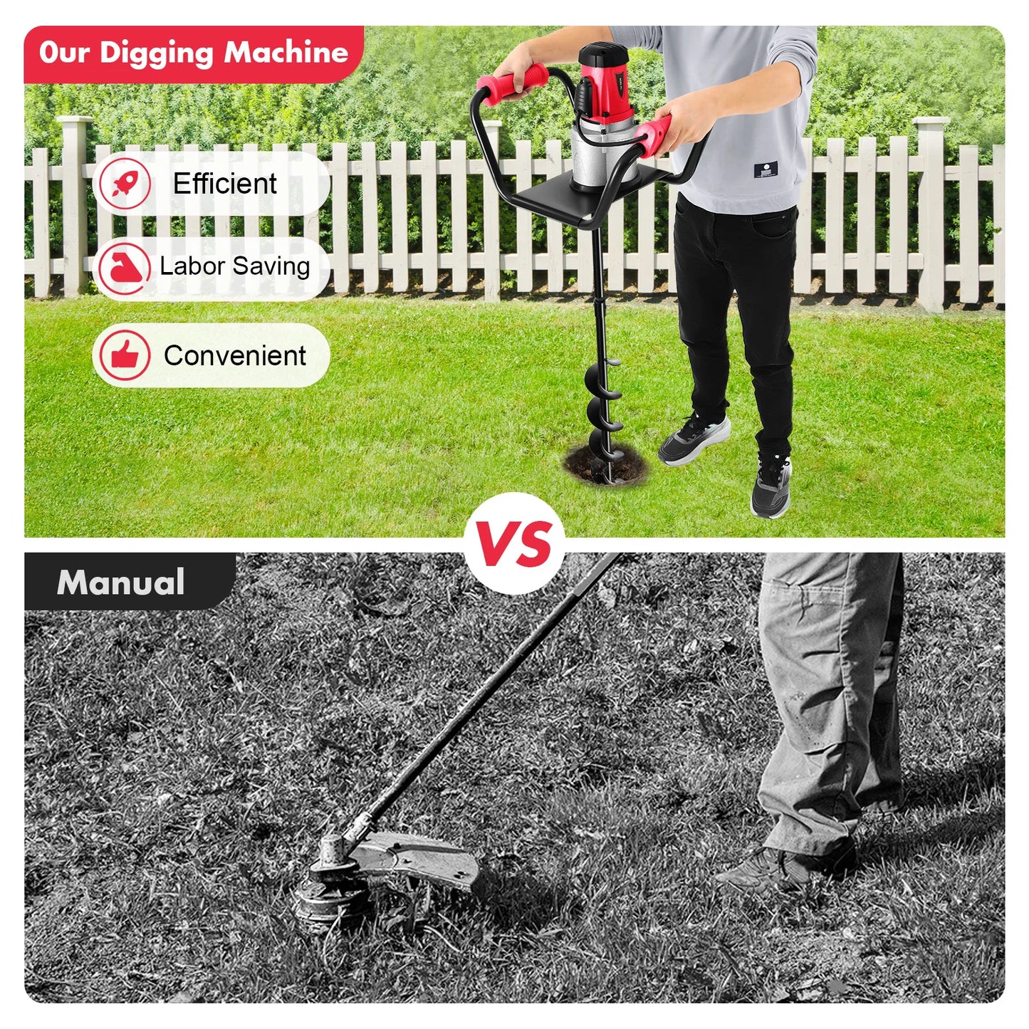 1.6HP Post Hole Digger – Powerful Soil Drill with Auger & Extension Rod for Fences, Trees, Shrubs