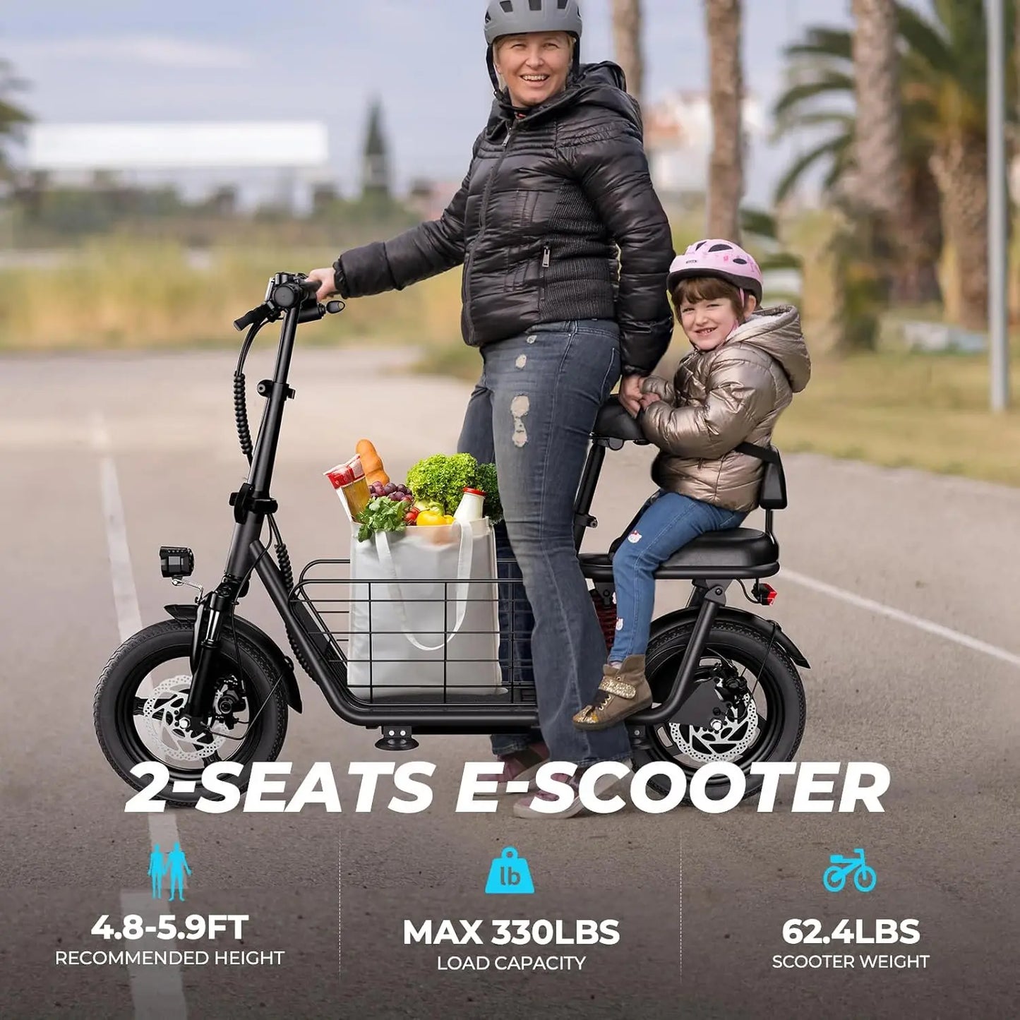 850W Elec. scooter, 14 inch tires, dual brakes dual suspension, baskets