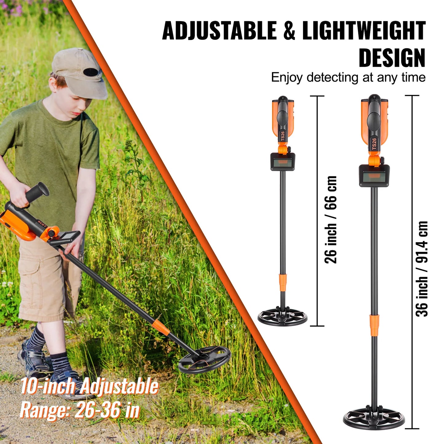 SB Metal Detector, Kids, 6 Inch 25''-37'' Adjust Length IP68 Waterproof, LCD Display Detecting Gold