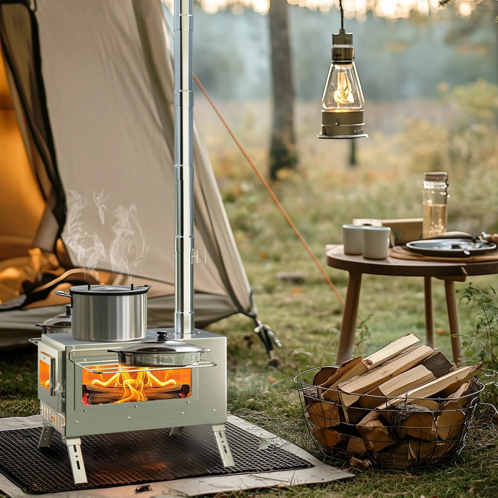 Portable Camping Wood Burning Stove Stainless Steel Tent Stove,7 Chimney Pipes Outdoor Camp Heating