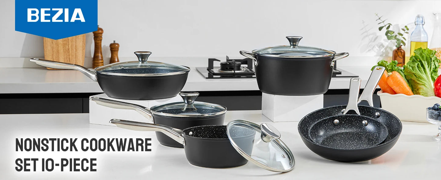 Induction Cookware Nonstick, 10-Piece, BEZIA Pots, Pans Set, Induction Cooktop, CompatibleAll Stoves