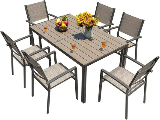 Patio Dining Set 7 Pieces Outdoor Furniture with Large Table and 6 Textilene Chairs