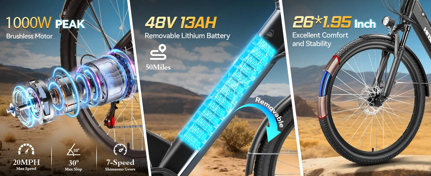 1000W Peak Electric Bike for Adult,26" Tires 50Miles Range Commuting Ebike,Removable,20MPH,7-Speed