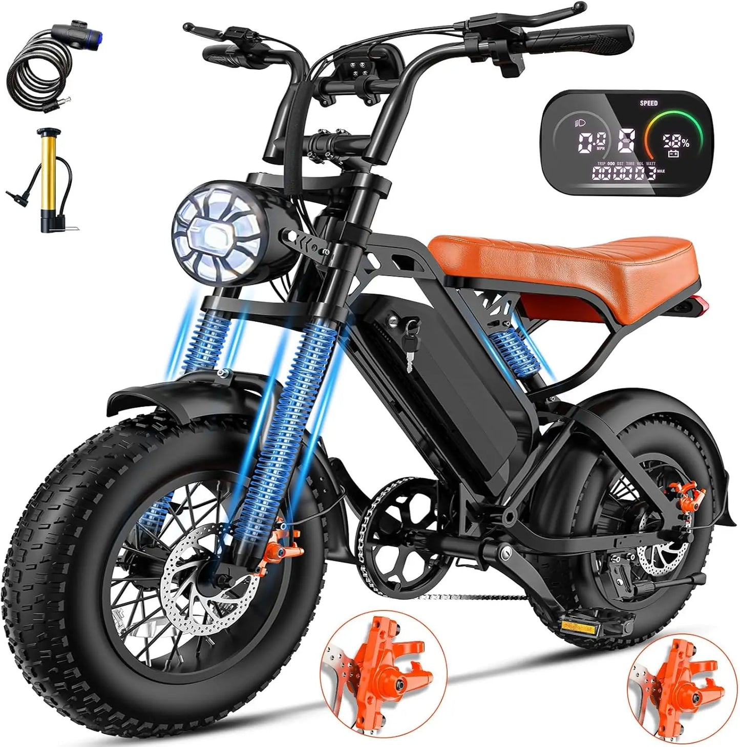 1200W Peak Power E-Bike, Adults: 28MPH, 16'' Fat Tire, 500LBS Load, 48V 18Ah Rem.Battery, 35-M Range