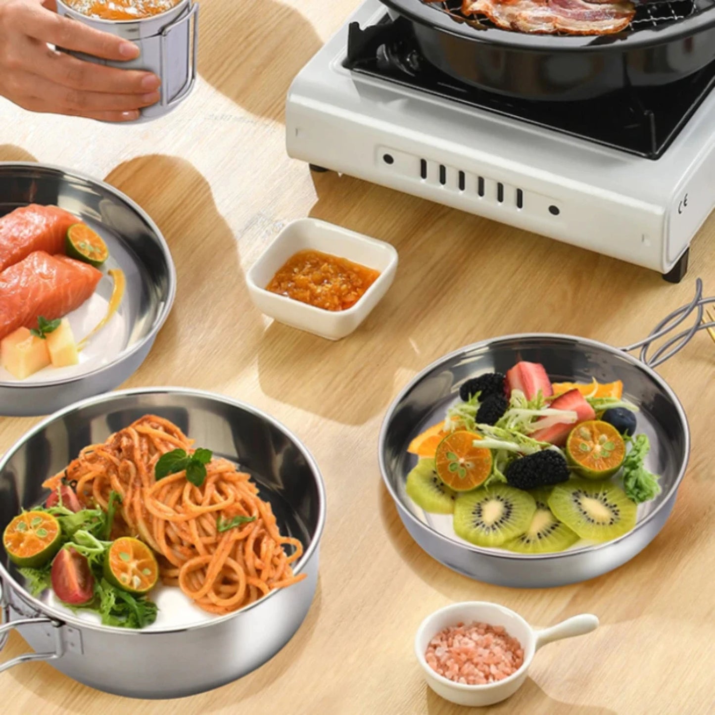 5pcs Camping Pot Set 304 Stainless Steel Kit Cooking Set