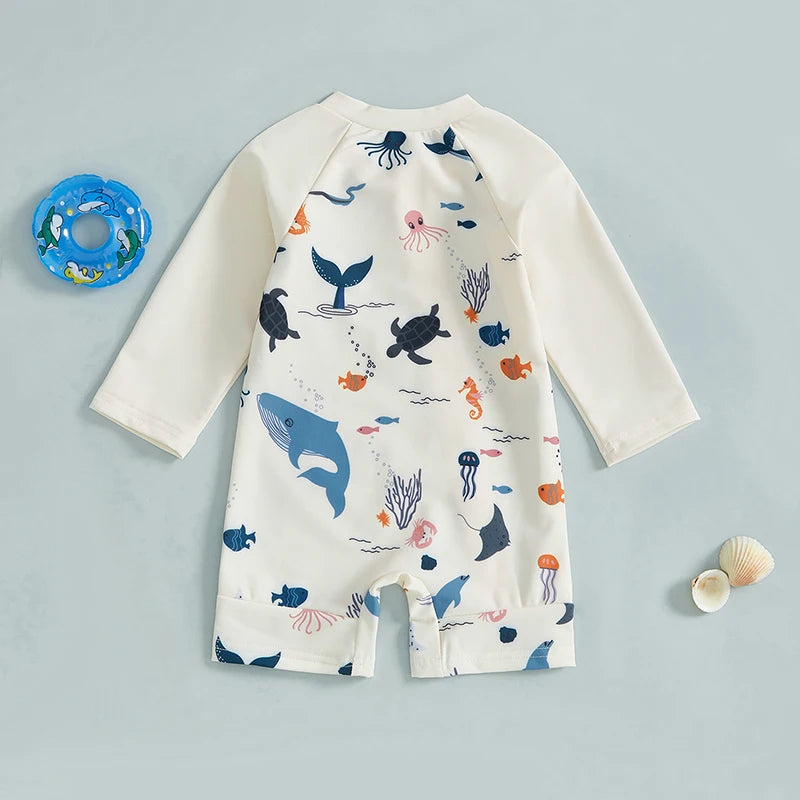 Toddler Boy UV Protection Rash Guard Swimsuit Set with Long Sleeve Zip Animal Print