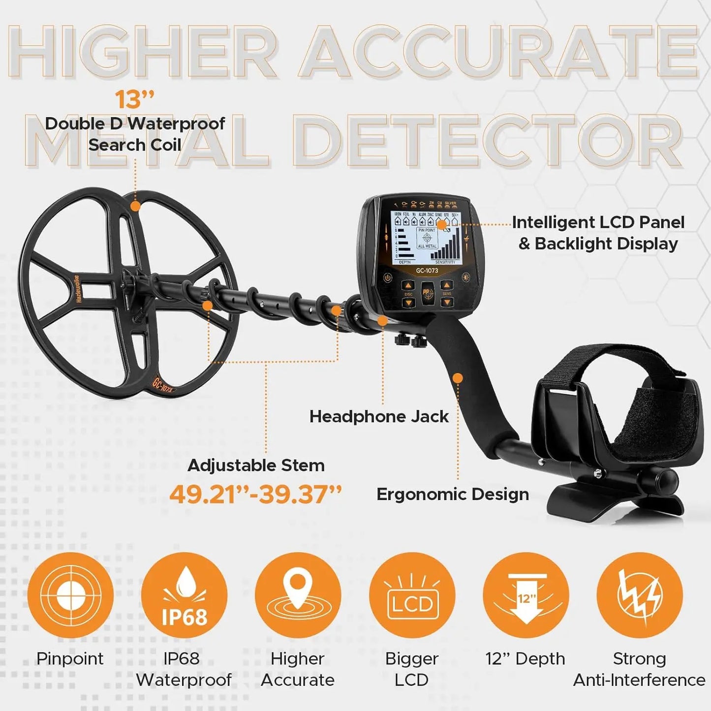 13" Metal Detect Adults Professional, Double-D Waterproof Coil Gold Finder/ Pinpoint, Sensitive disc