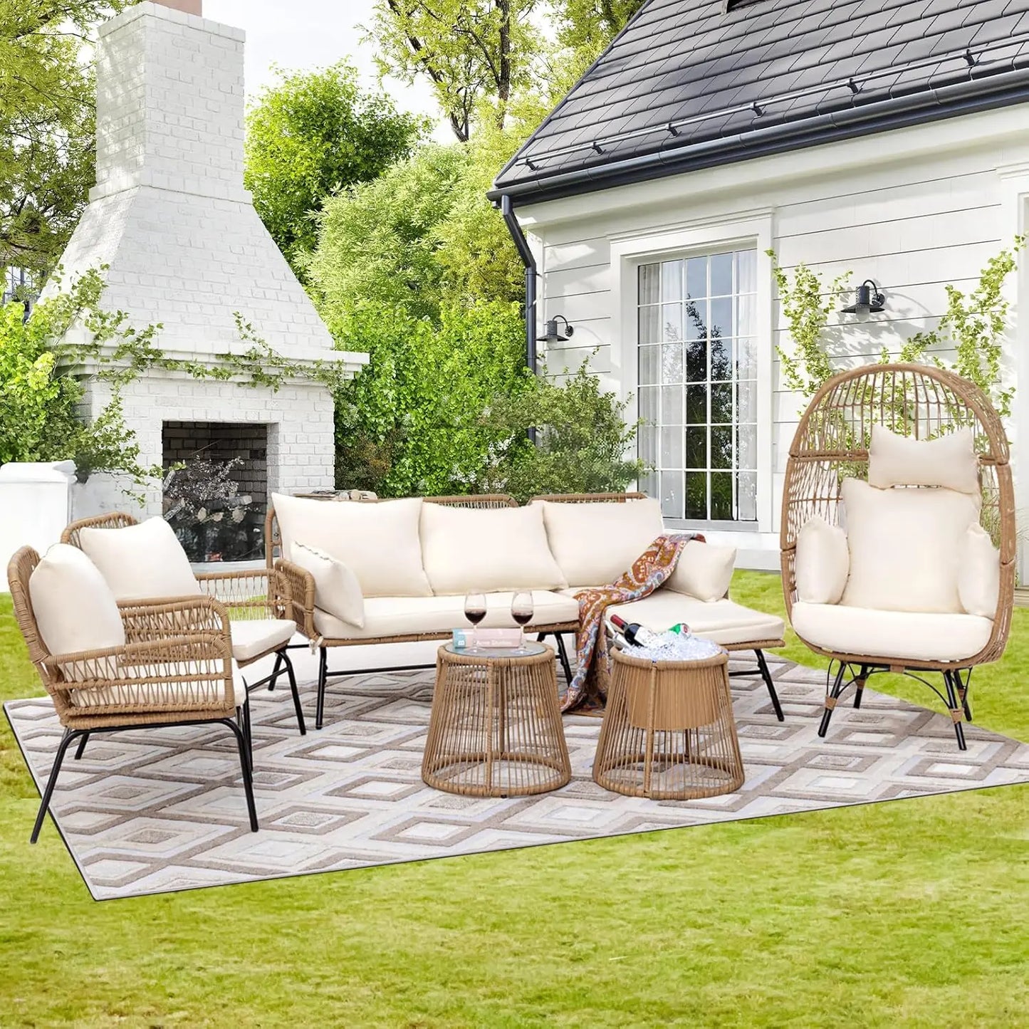 7-piece Bohemian Courtyard Furniture Sofa ,Including Egg Chairs, L-shaped Leisure Chairs, Cushions