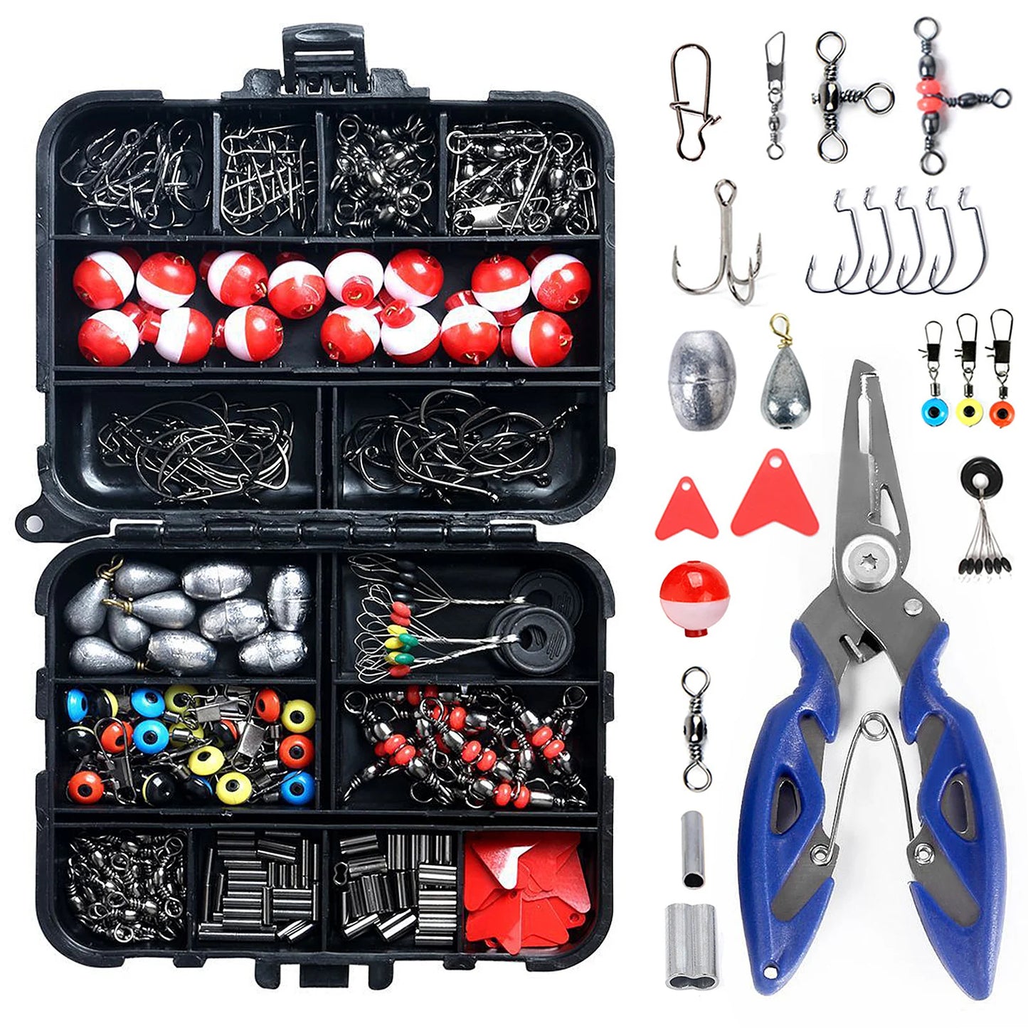 263pcs Fishing Set with Tackle box, Inc. Plier Jig Hooks Sinker Weight Swivels Snaps Sinker Slides