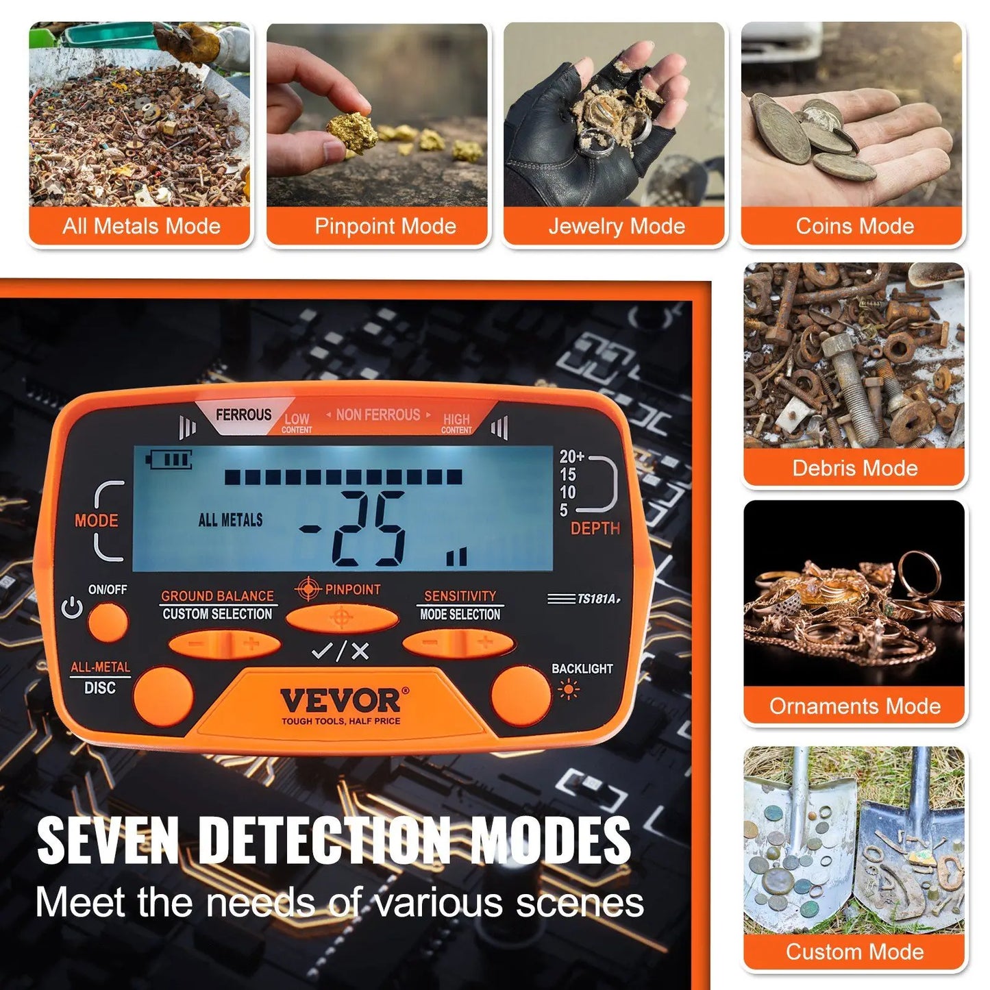 "10" metal detector – 7 modes, 10" depth, waterproof. For adults/kids."