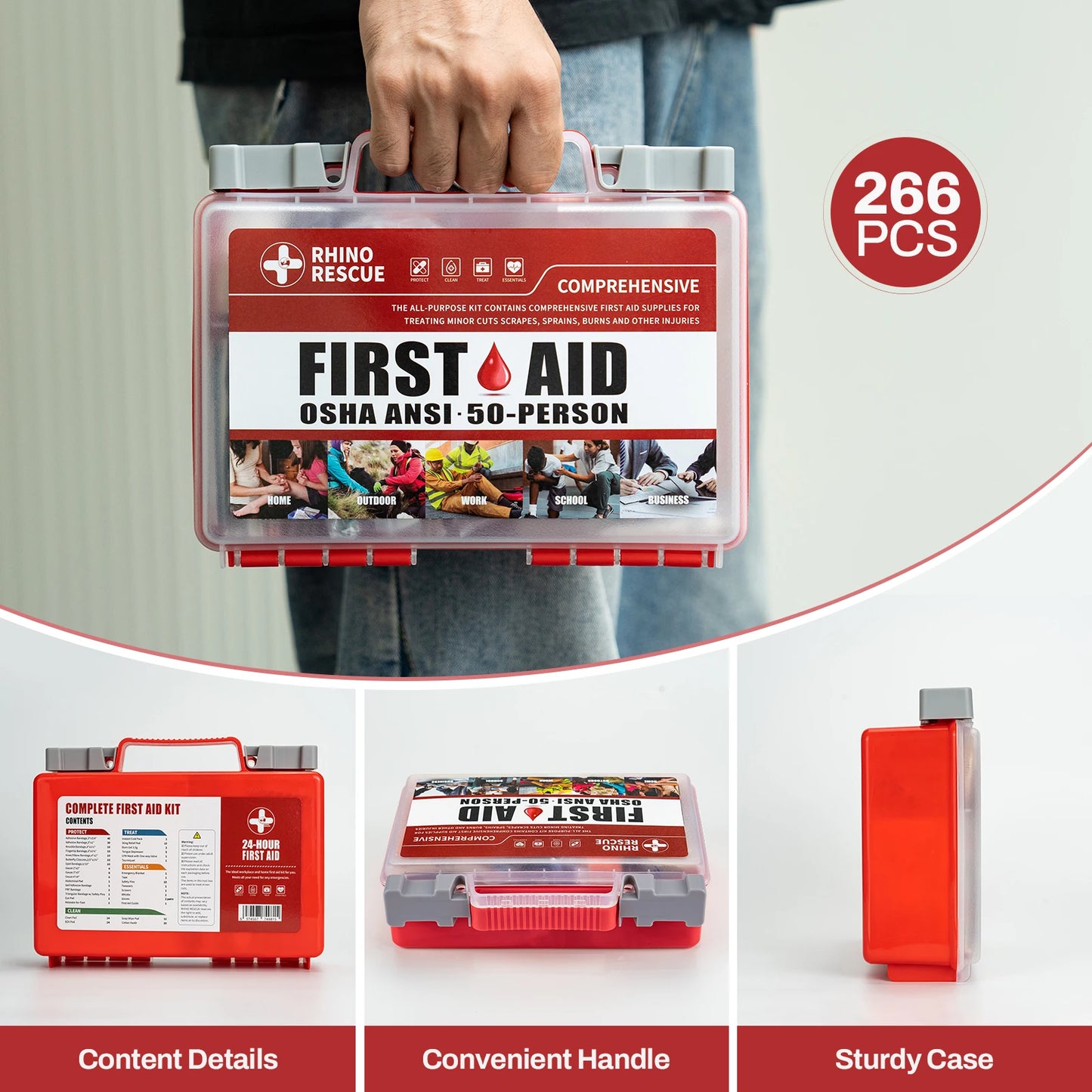 Rhino full-featured first aid kit, home/office emergency medical supplies, car, outdoor, travel