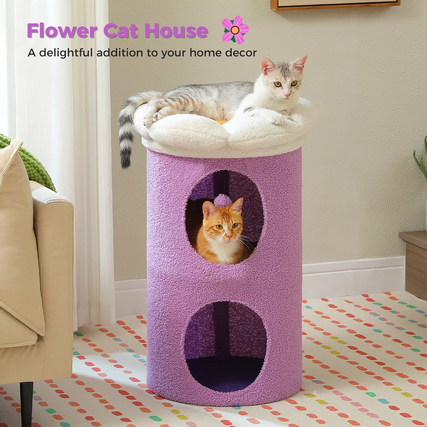 Double-Deck Cat House, Cozy Large Condos, Luxury Flower Perch, Pompom Ball, Cat Furniture indoor