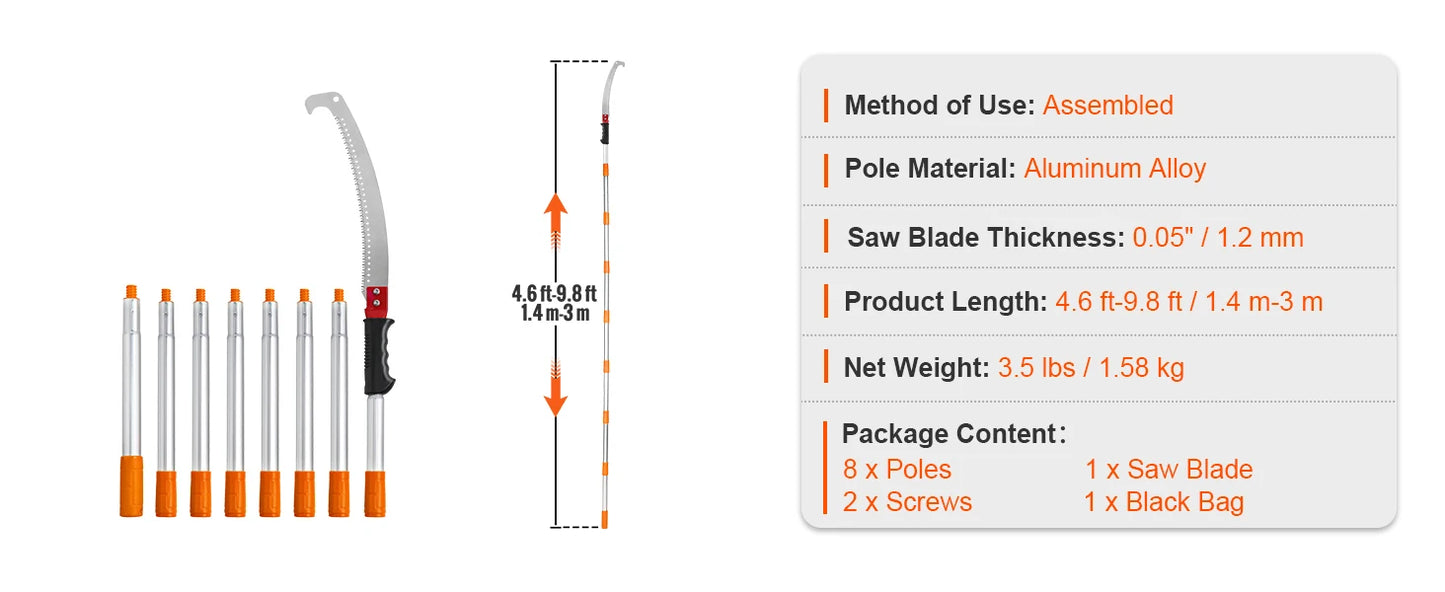 Manual Pole Saw Extendable Tree Pruner Sharp Steel Blade,Lightweight Aluminum Alloy Handle