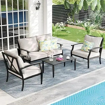 4-Piece Set, Wider Outdoor Metal Seating Sofa ,High Back & Loveseat, Coffee Table, All Weather Metal