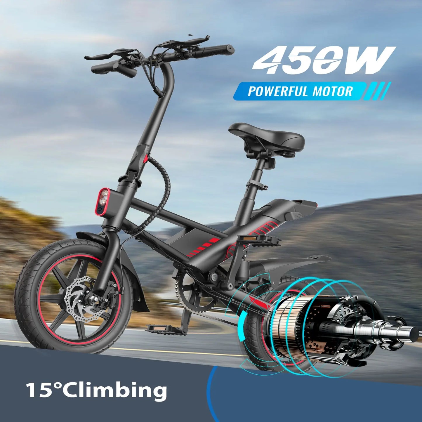 14" Ebike 450W Electric Bike,Adults, 18.6MPH 3 Riding Modes Mini , 36V 10AH Battery UL2849