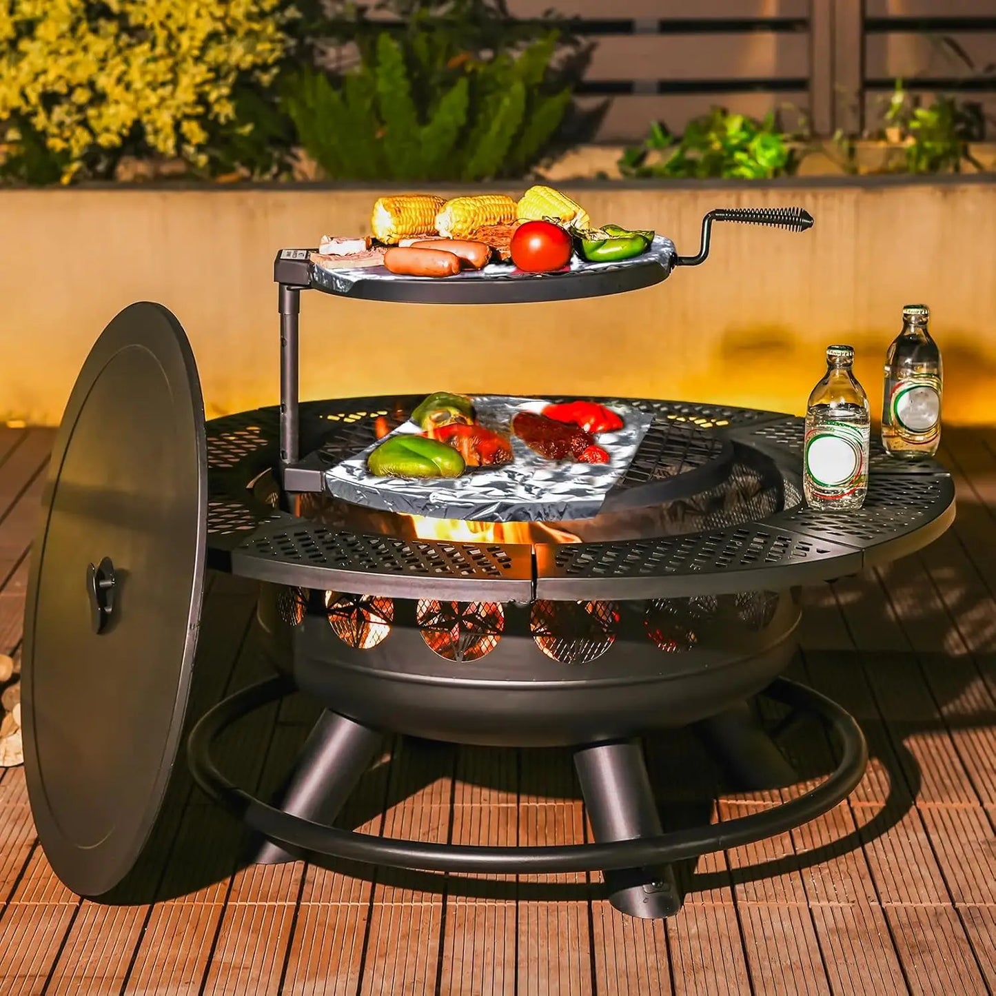 36 Inch Fire Pit,2 Cooking Grills,Outdoor Wood Burning BBQ Firepit with Lid, 3-in-1 Fire Pit