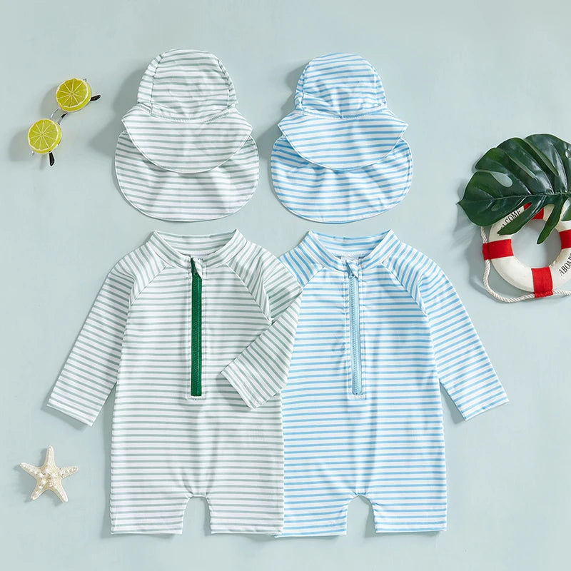 Infant Boys Girls Sun Protection Swimwear Set,Hat 2 Piece UV Rash Guard Zip Long Sleeve Crew Neck