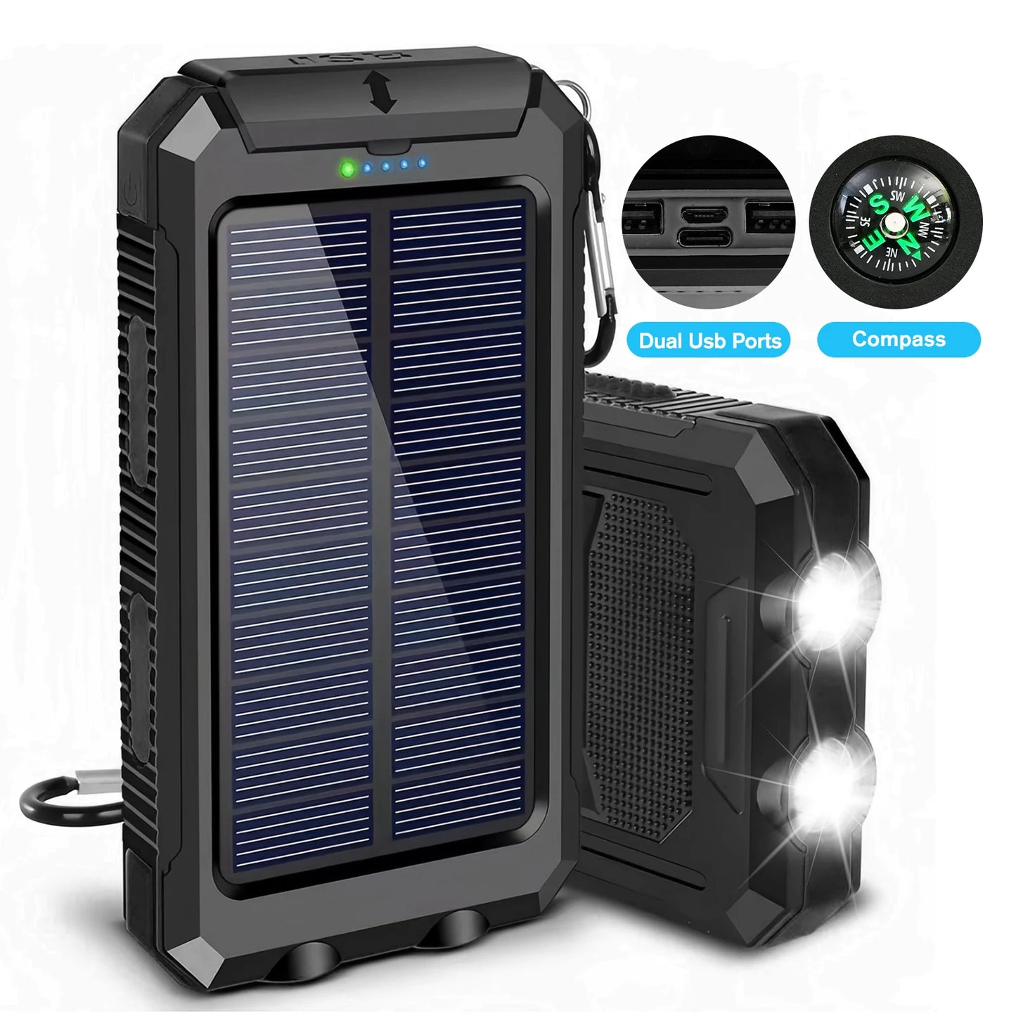 30000mAh Solar Power Bank Portable Dual 5V USB Ports 2 LED Light Flashlight Fast Charge phones ntbk