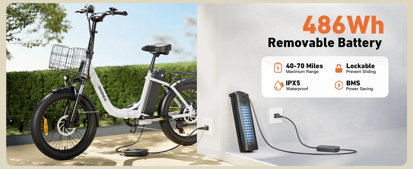 QRONGE Electric Bike 1000W Peak Folding Electric Bike 486Wh 70 Miles Range Ebike 20" Step-Thru Electric Bicycle with Bike Basket