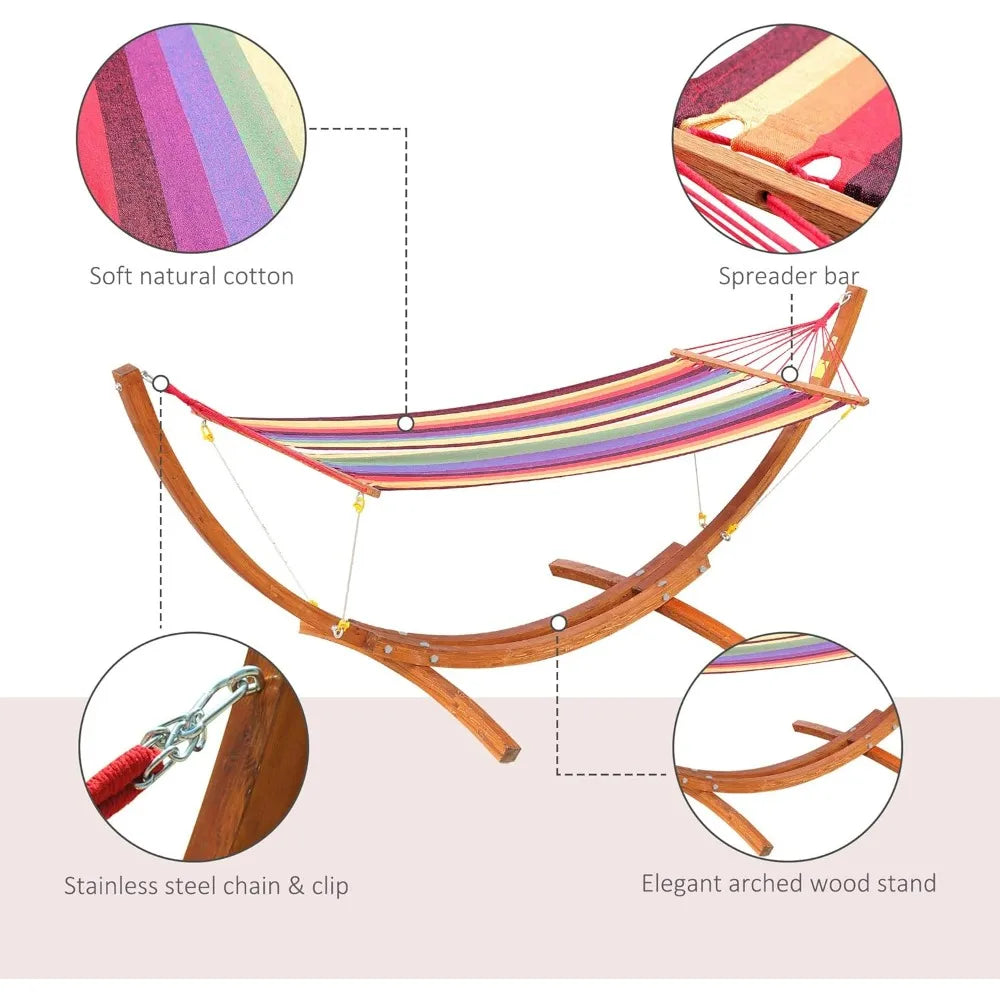 10' Wood Outdoor Hammock,w/ Stand Rainbow Bed, Heavy Duty Roman Arc Hammock for Single Person