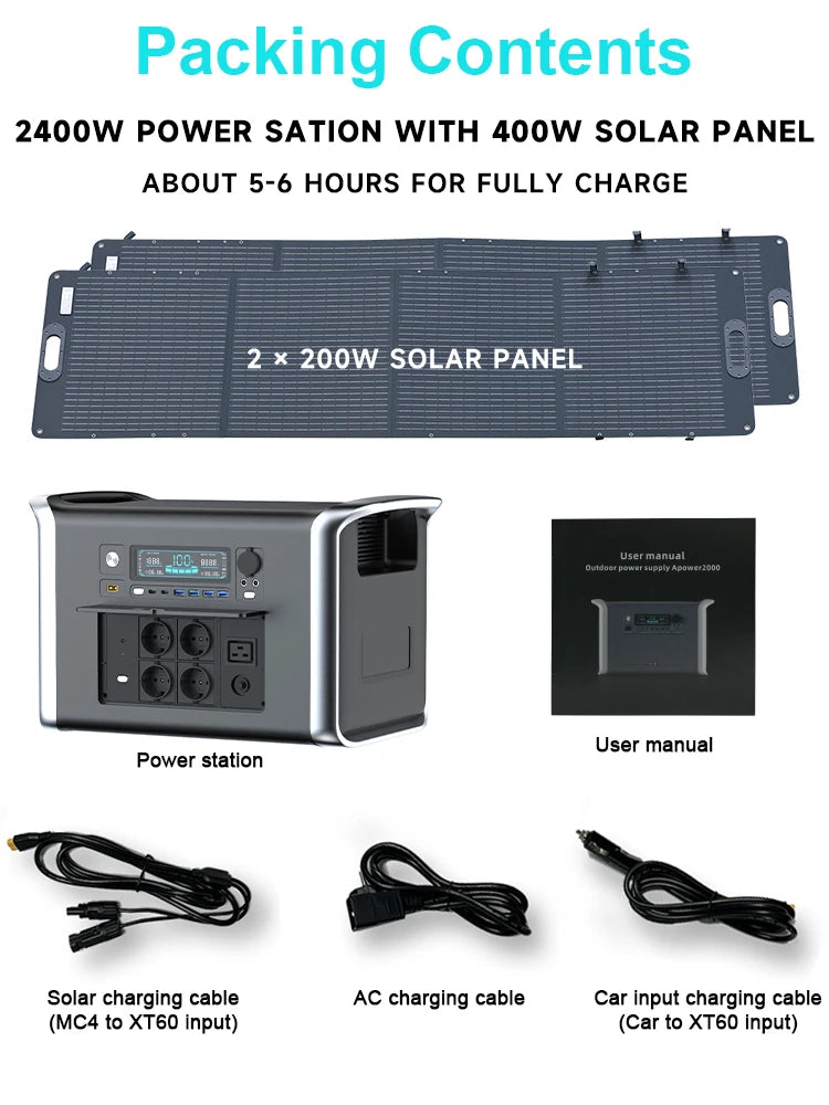 Camping Portable Power Station Solar Generator 1000W 2000W Lifepo4 Battery 220V AC Outlets Power