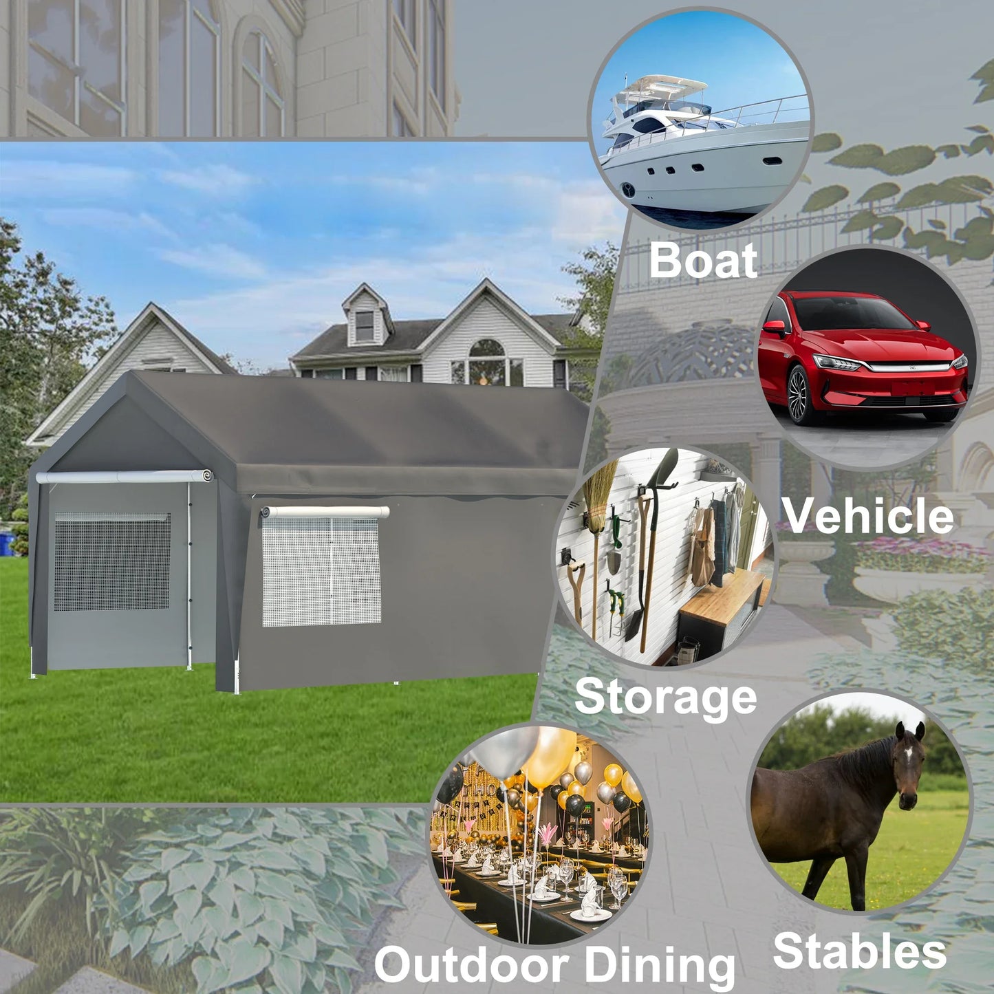 Carport 10x20ft Portable Garage Canopy Heavy Duty, with Mesh Windows and Removable Sidewalls
