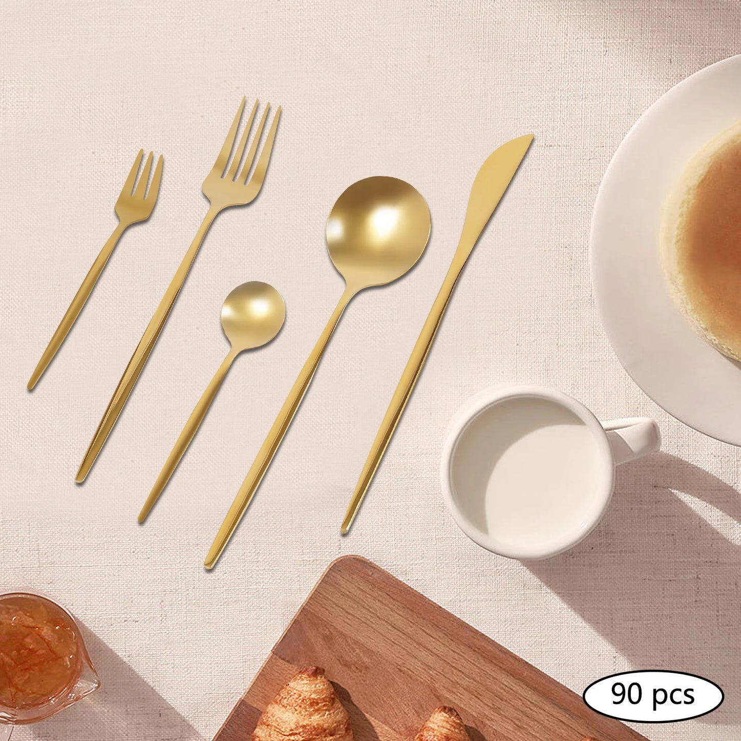 90 Pcs Gold Flatware Set Stainless Steel Utensil Kitchen Tableware Forks Knives Spoons Cutlery