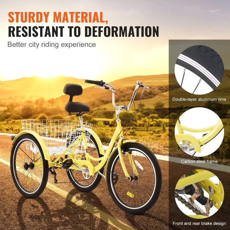 Adult Tricycles Bike 7 Speed Adult  26 Inch ThreeWheeled Carbon Steel , Basket and Adjustable Seat