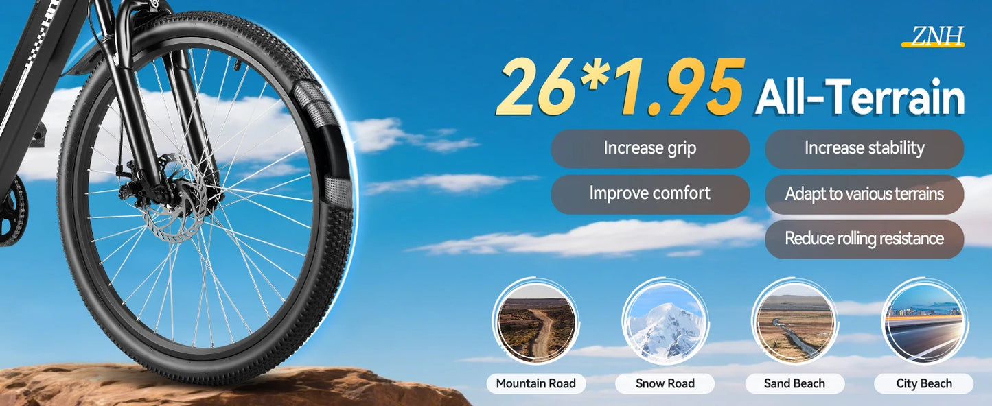 E-Bicycle, Adults,1000W Peak Motor,48V Removable Battery,20MPH,26" Tire E-Bike, 7-Speed,50 Miles