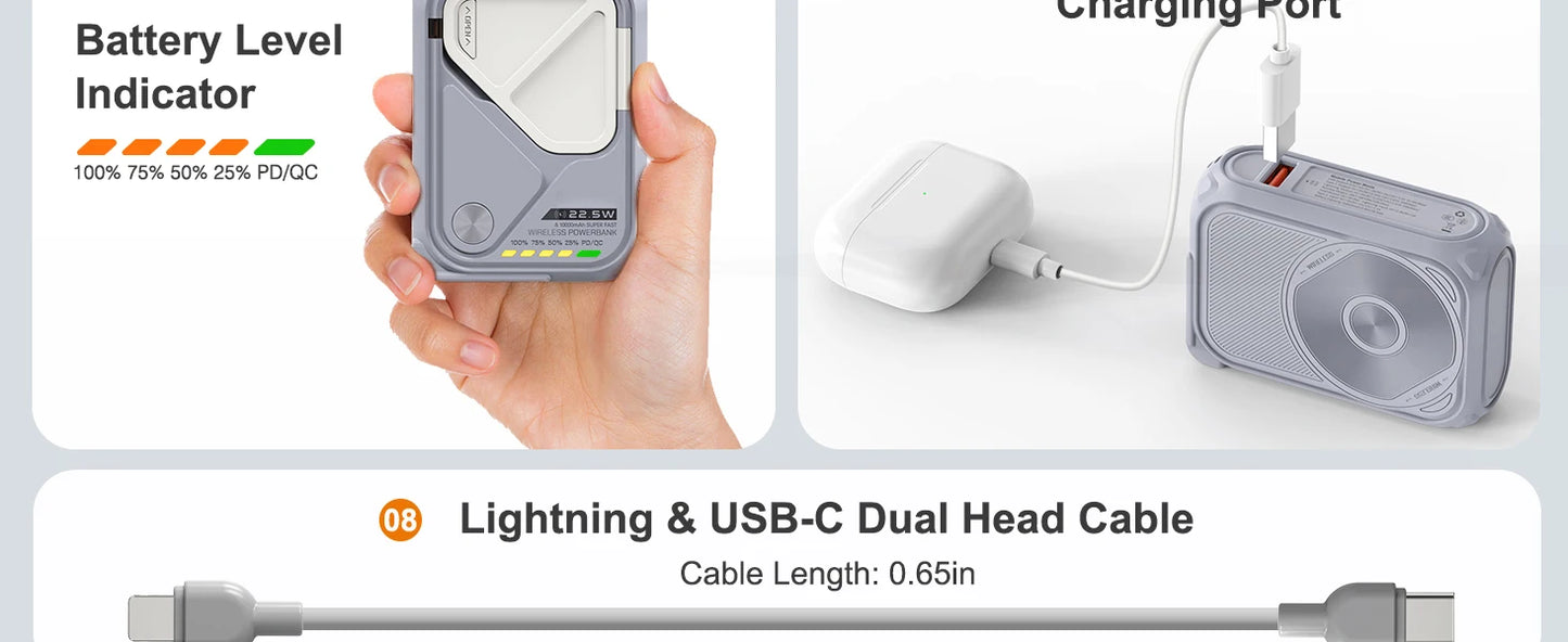 Fast Charging 10000mAh Magnetic Wireless Power Bank USB Type-C Detachable Data Cable Phone Holder