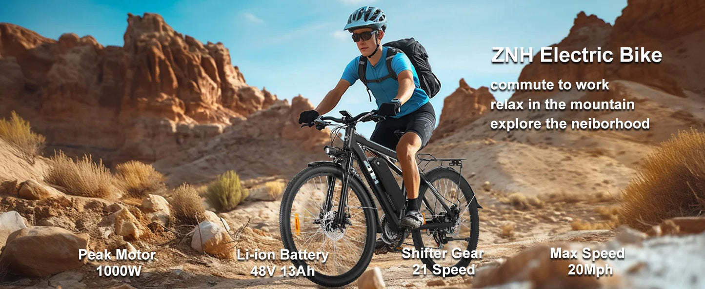 1000W Peak 48V Electric Bike for Adults, 26 inch Mountain Bike,Removable Battery,50Miles &20 MPH