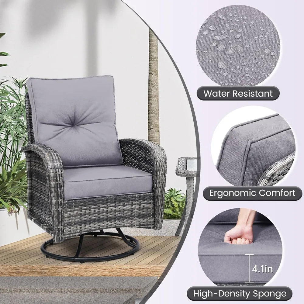 2 Luxury Outdoor Swivel Wicker Glider Chairs, Table, Overstuffed Washable Cushions,  Porch,Deck