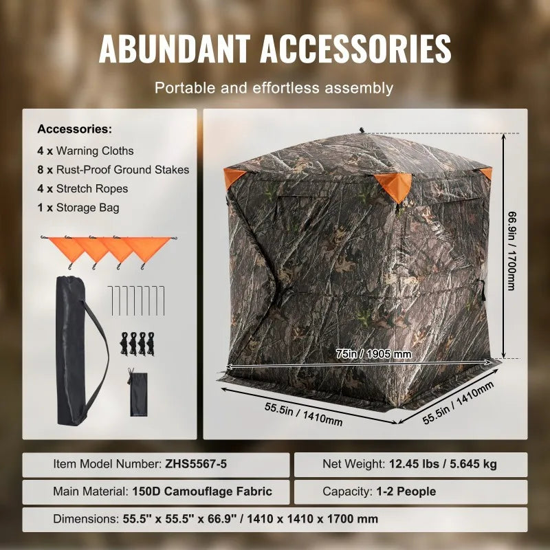 Hunting 70° See Through Ground Blind, 1-2 Person Pop Up Deer Blind Hunting ,Carrying Bag