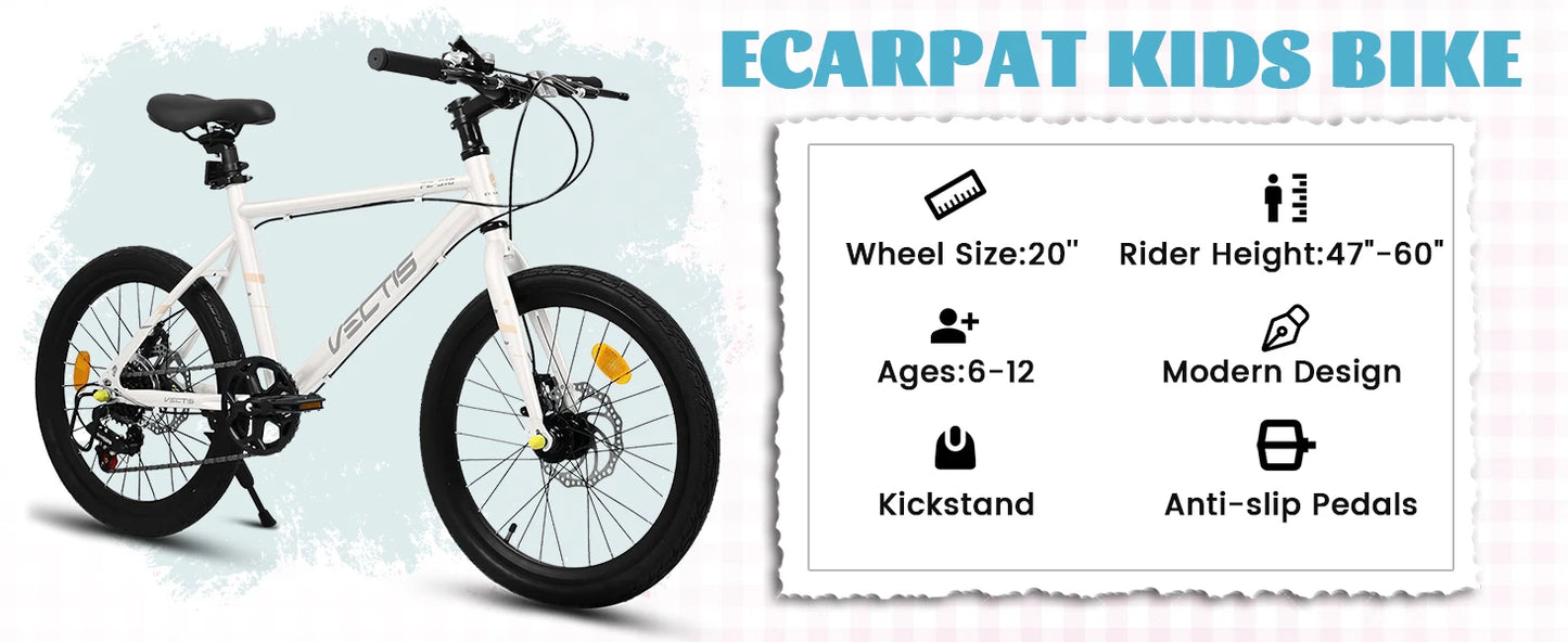 20 Inch Kids Bike for Boys Girls, 7-Speed Children Road Bike Steel Frame,Dual Disc Brakes,Ages 6-12