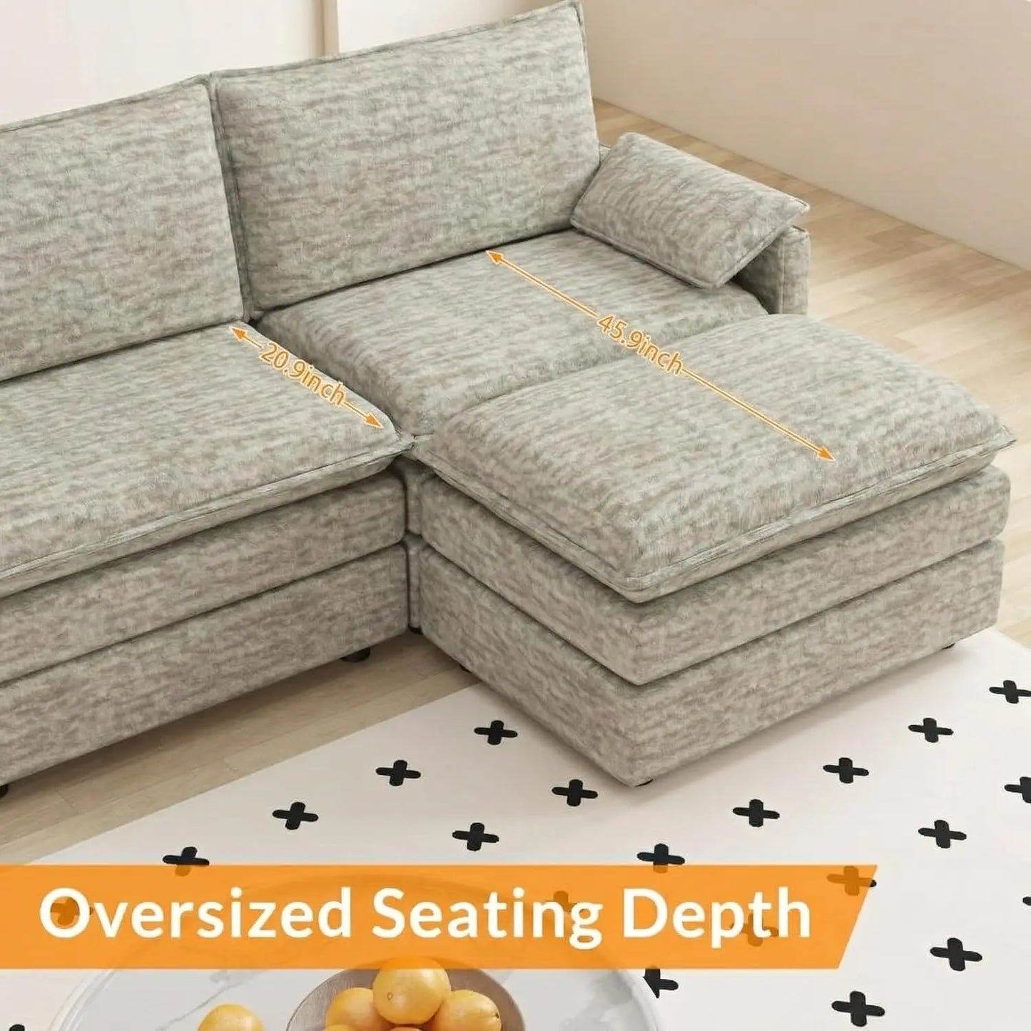 INDOOR 108" Modular Couch,Ottoman, Modern Comfy,Chenille L Shaped Sofa Deep Seat,, Customized