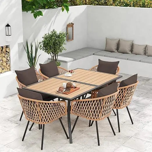 7-Piece All-Weather Rattan Patio Dining, 60" Wood Table, Removable Cushions & Umbrella Hole