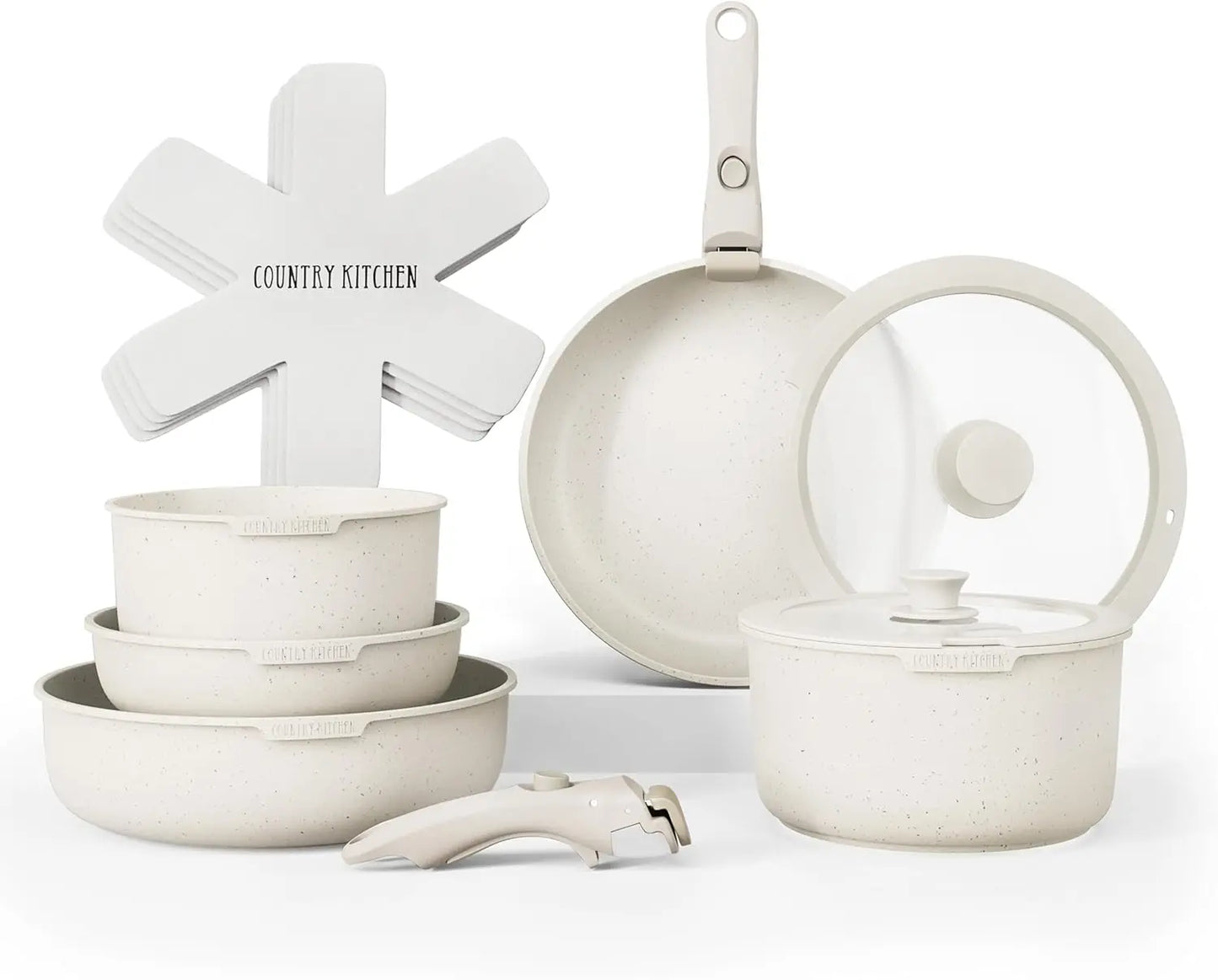 Cookware Set with Removable Handle, Oven & RV Safe Pots and Pans Set, Cream, Original